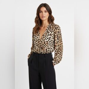 Zara Leopard Print Ruched Button Front Blouse Size L